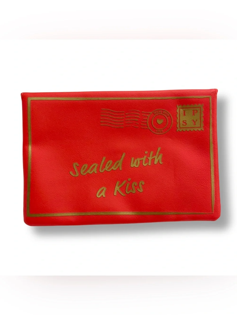 Ipsy Sealed with a Kiss Red and Gold Envelope Cosmetic Bag New Without Tags